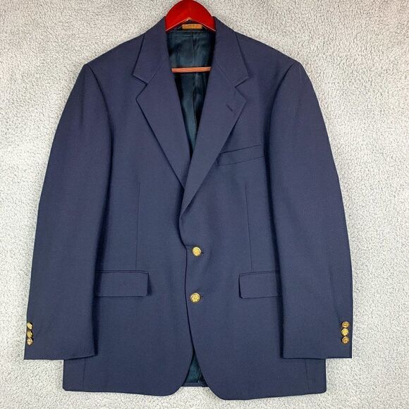 Botany 500 Blazer‎ 41R 100% Blue Wool Suit Jacket Gold Button Casual Preppy Vent - Picture 1 of 13